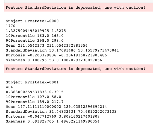 Comparison of USF features with pyradiomics results, numeric